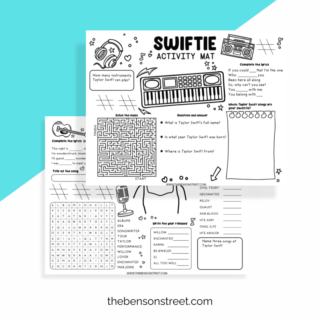 Free printable placemat showcasing Taylor Swift coloring and a crossword puzzle.