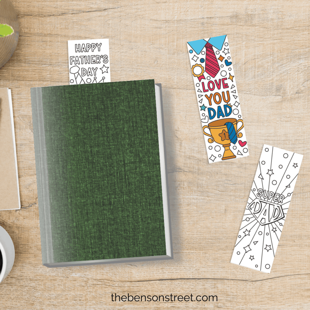Free Father's Day coloring bookmarks with cute graphics and loving messages.