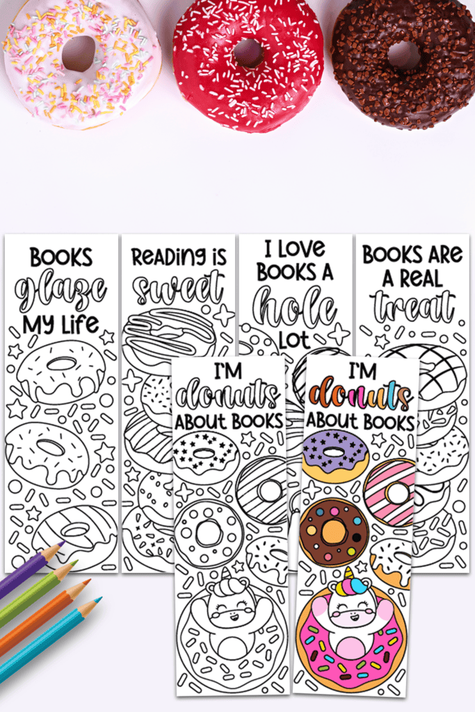 A group of adorable donut bookmarks outlined on a page, featuring cute expressions like animals and sprinkles, ready to be personalized with vibrant colors.