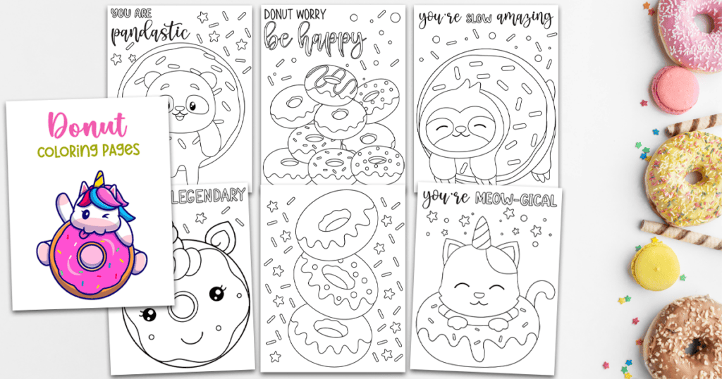 Donut coloring pages featuring a panda, unicorn, sloth, caticorn, and donuts.