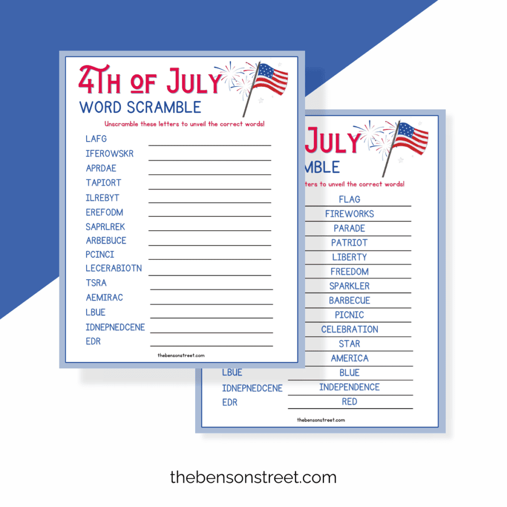 Family activity for enjoying a 4th of July word scramble together