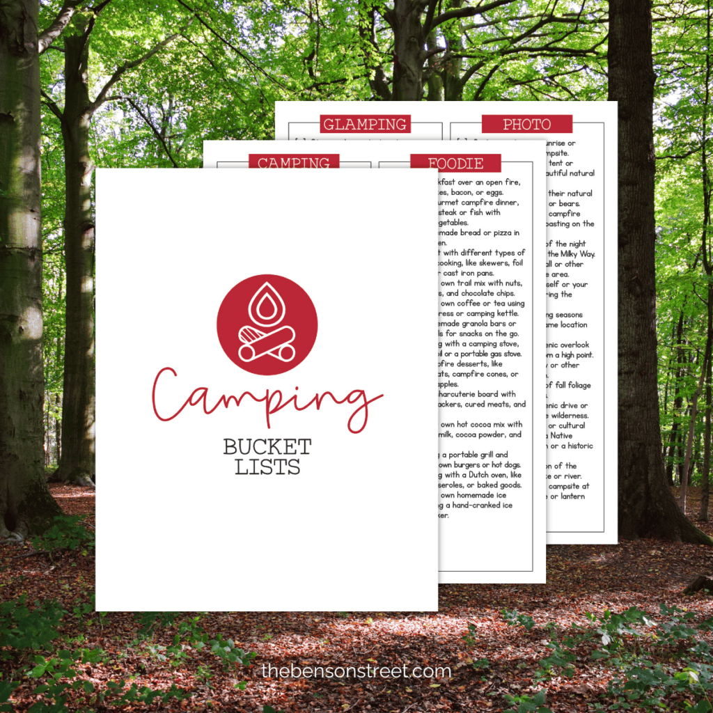 stack of camping checklists for a bucket list with a forest background