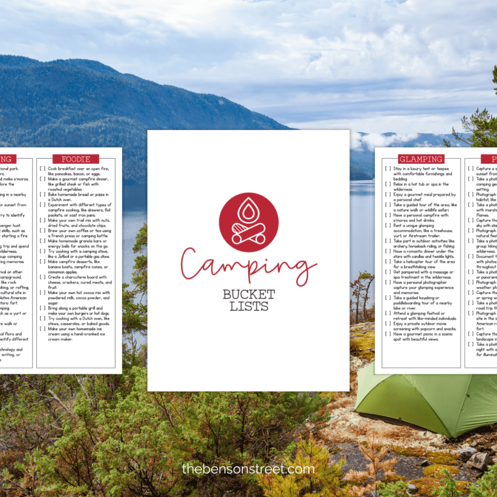 Four separate camping bucket lists with a camping background.