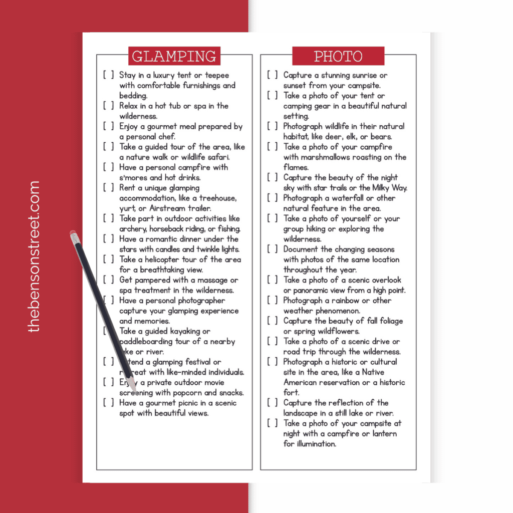 Checklist of camping bucket list ideas for photos and glamping.