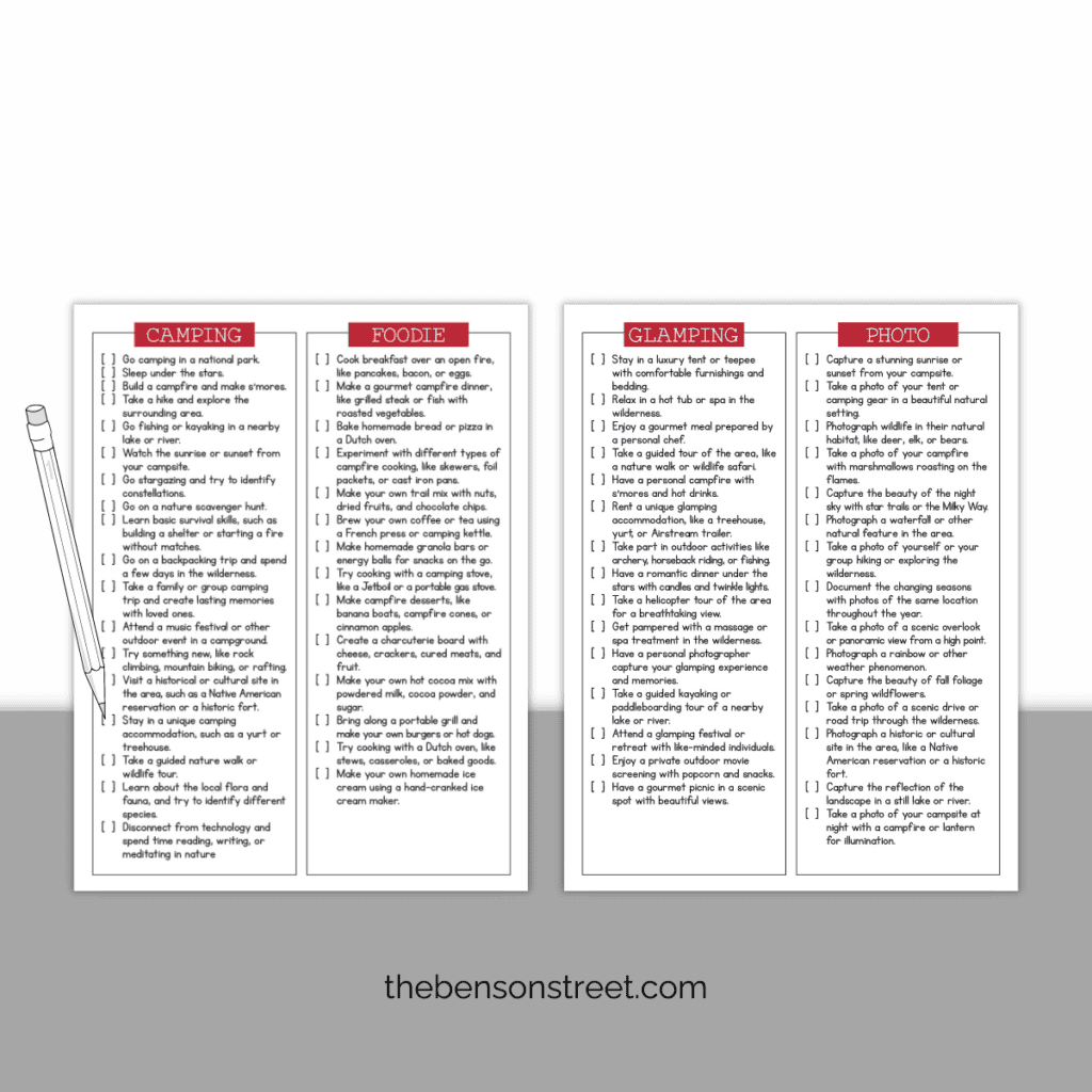 Four camping bucket list checklists with a pencil on top.