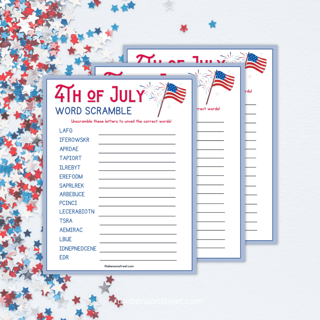 Colorful 4th of July word scramble worksheet with red, white, and blue decorations