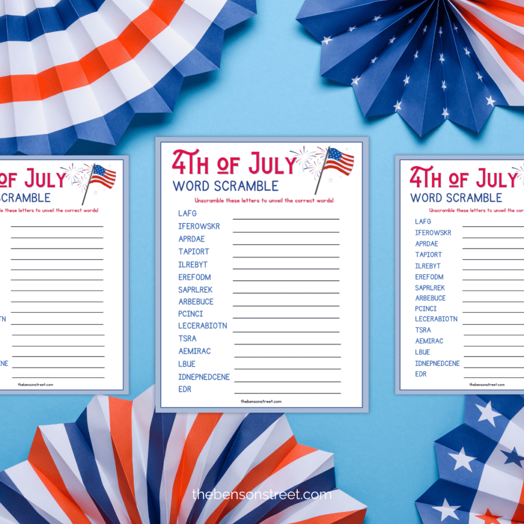 Free downloadable 4th of July word scramble with patriotic words