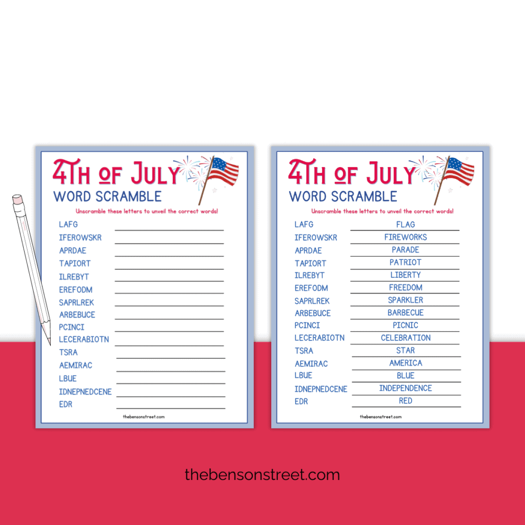 Free printable July 4th word scramble game with answer key