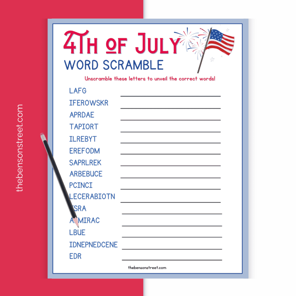 A pencil on top of a printable 4th of July Word Scramble Game
