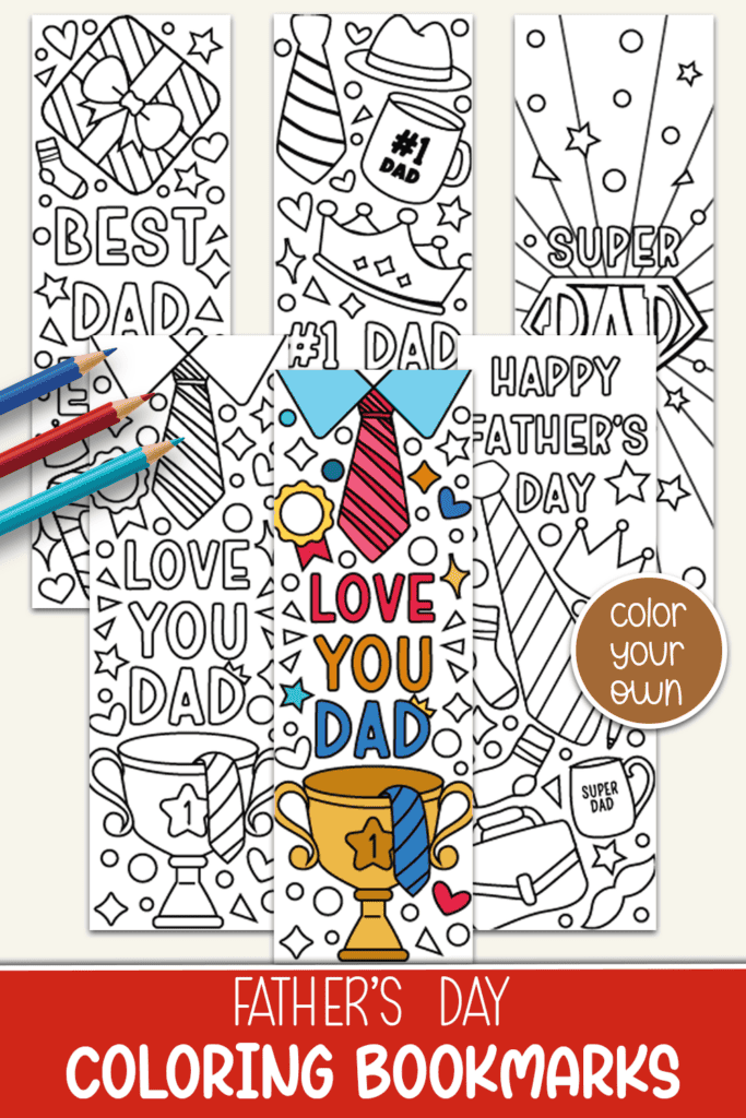 Colorful Father's Day bookmarks featuring diverse illustrations and warm wishes.