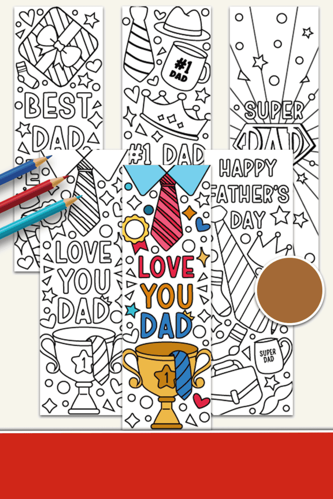 Coloring bookmarks for Father's Day featuring playful designs and dad-themed illustrations.