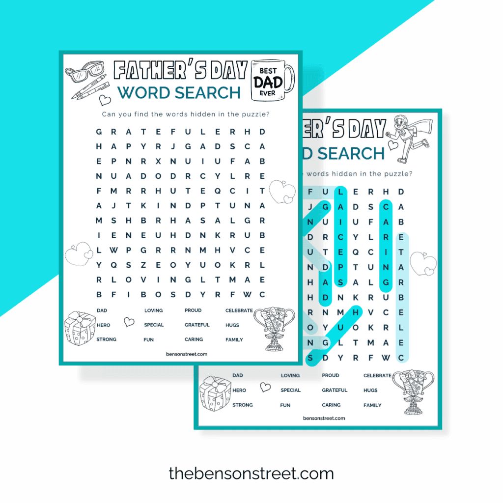 Flat lay image of a completed Father's Day Word Search puzzle with words circled in blue.