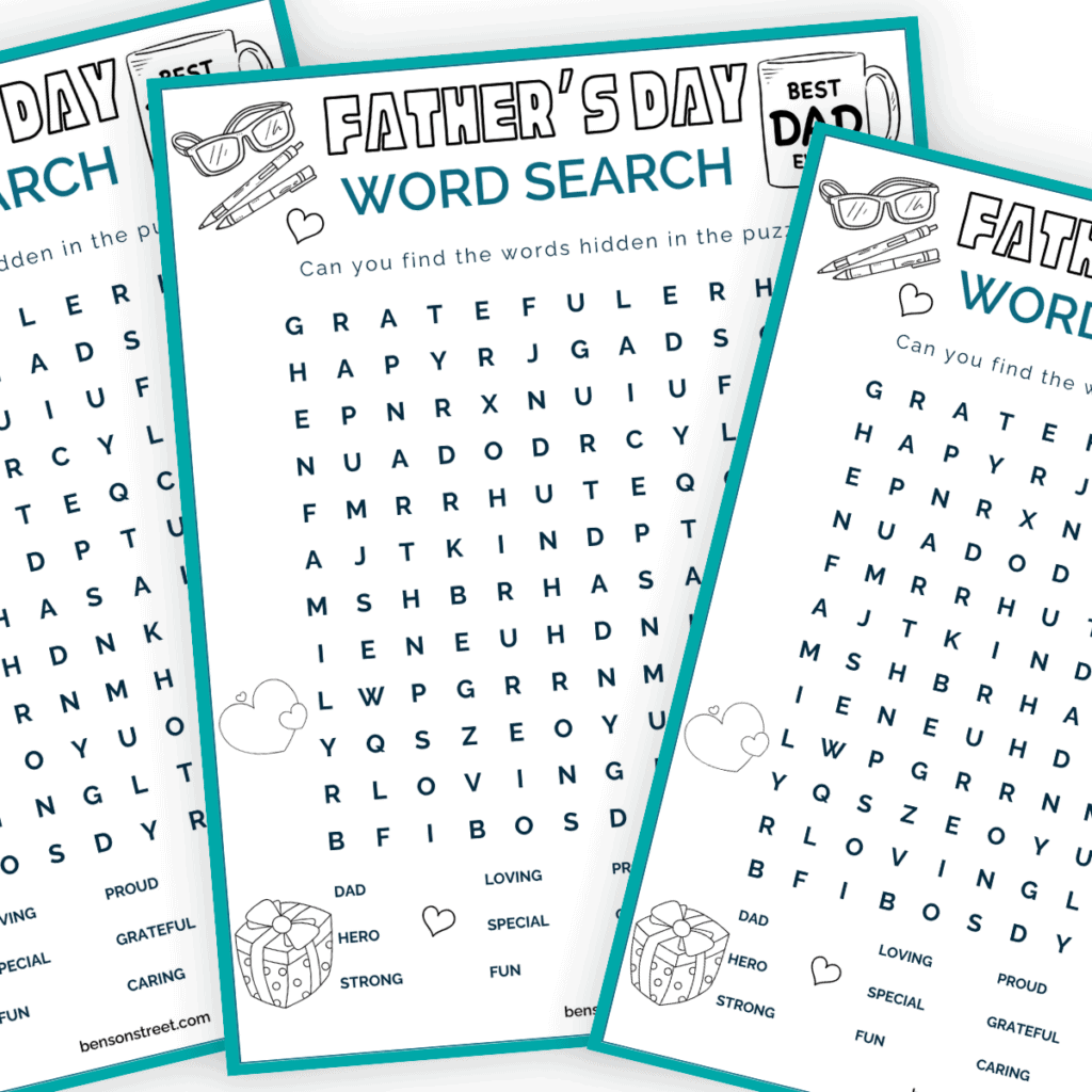 Illustration of a Father's Day Word Search puzzle with colorful letters and a Father's Day greeting.