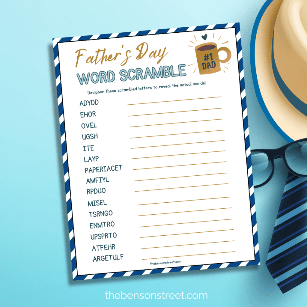 Close-up image of a Father's Day Word Scramble puzzle with scrambled letters and blank spaces for solving.