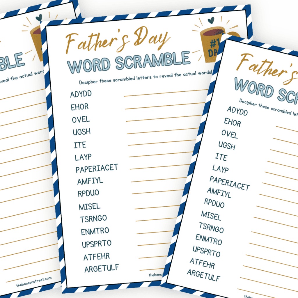 Illustration of a Father's Day Word Scramble puzzle with colorful letters and Father's Day-themed graphics