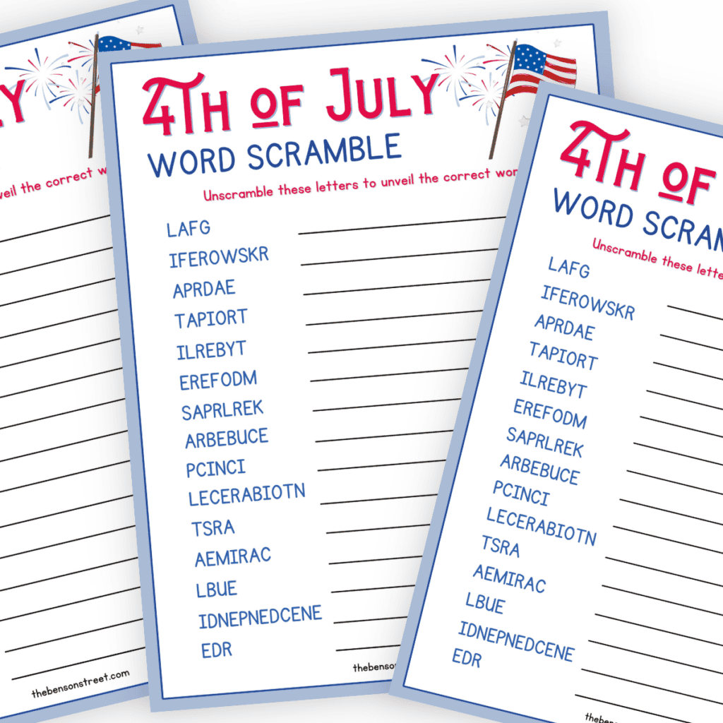 Stack of printed 4th of July word scramble sheets ready for a party