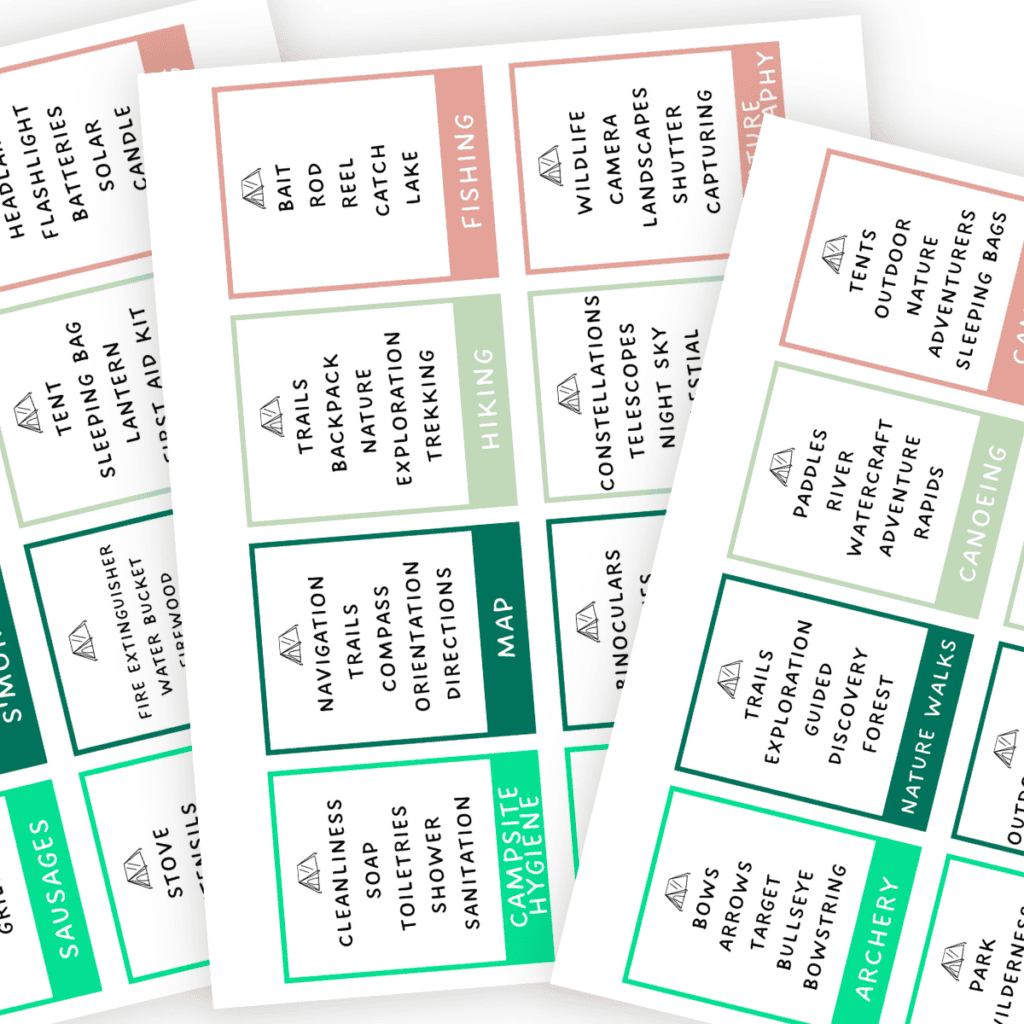 Image of a Free Camping Taboo game card displaying the word 'Tent' with a list of words not to say, such as 'Canvas,' 'Sleep,' and 'Shelter.'