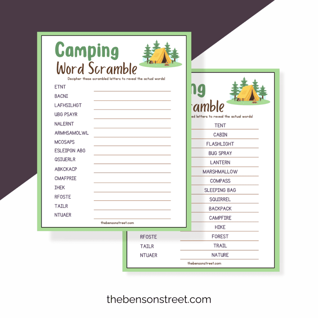 The completed word scramble worksheet with all words correctly unscrambled and written neatly on the lines provided, demonstrating the final result of the activity.