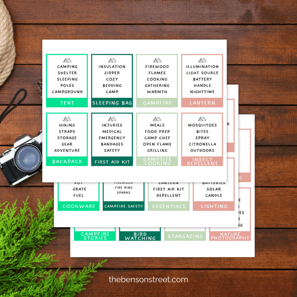 Image of a Free Camping Taboo card with the word 'S'mores' and a list of words not allowed like 'Graham Cracker,' 'Chocolate,' and 'Melt.'