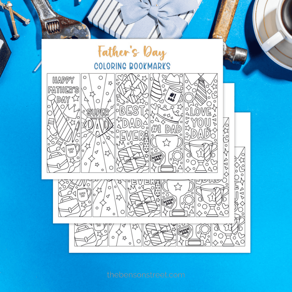 DIY Father's Day bookmarks to print and color, adorned with heartfelt sentiments.