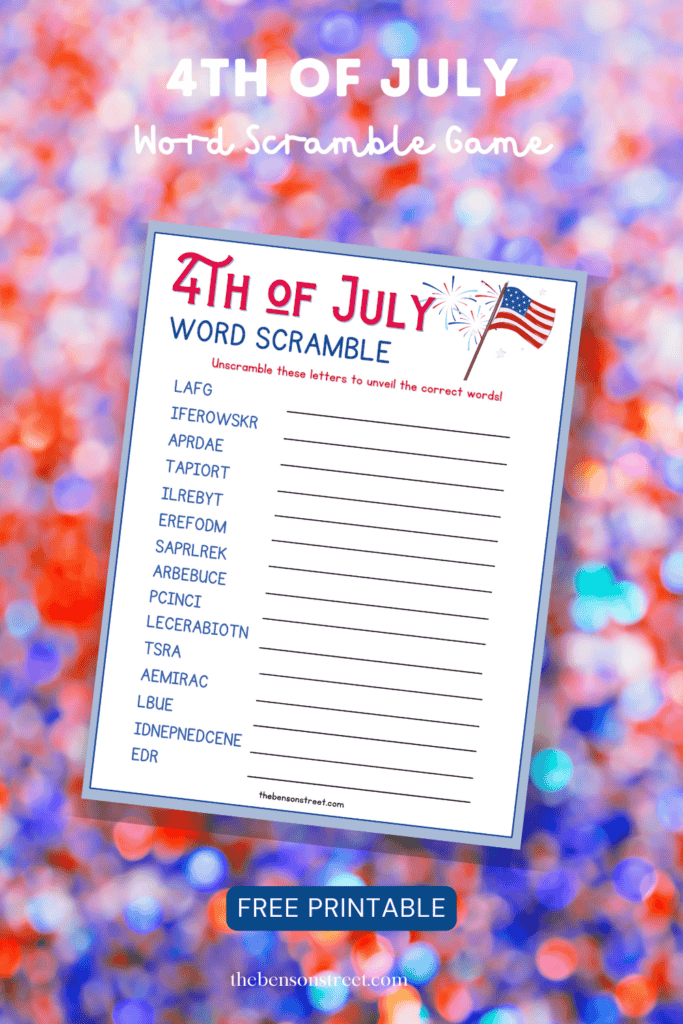 Free printable 4th of July word scramble with festive fireworks border