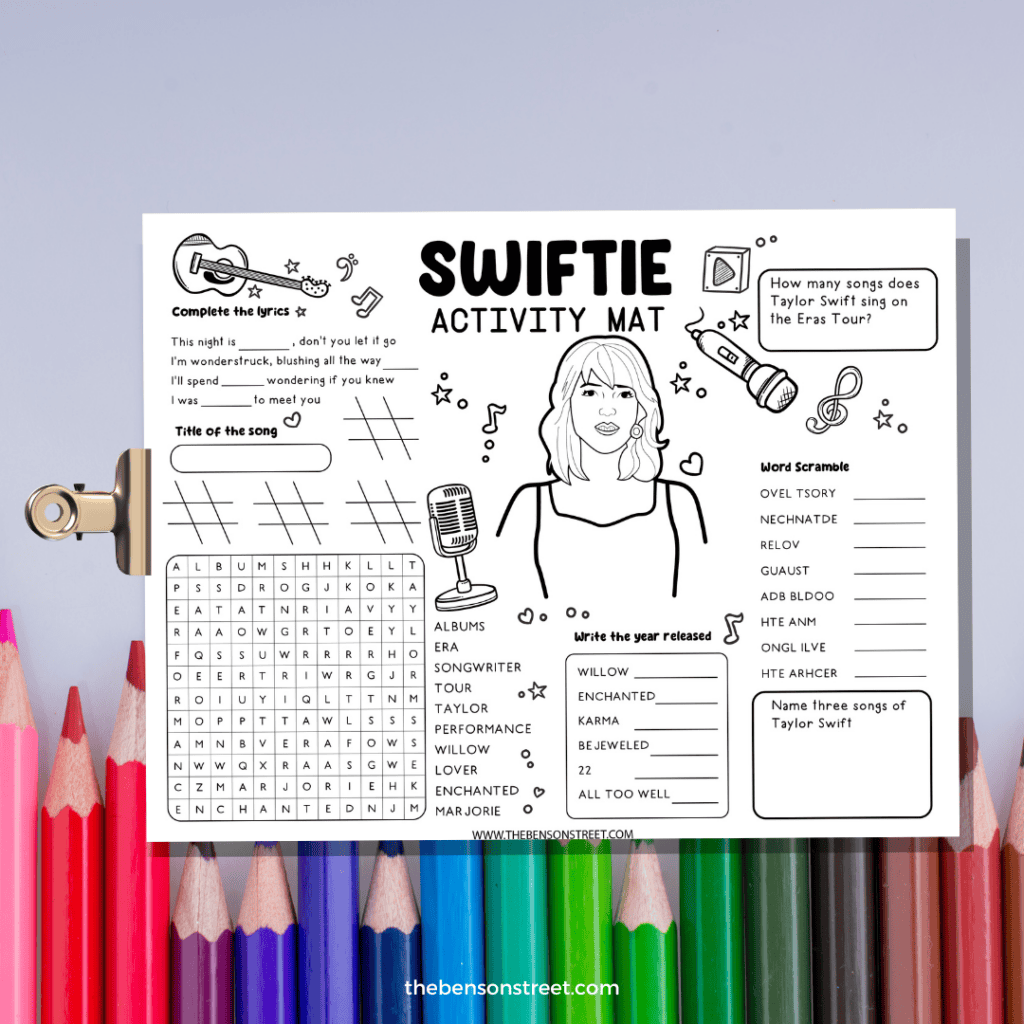Engaging Taylor Swift-themed activity mat with a word games and complete the lyrics.