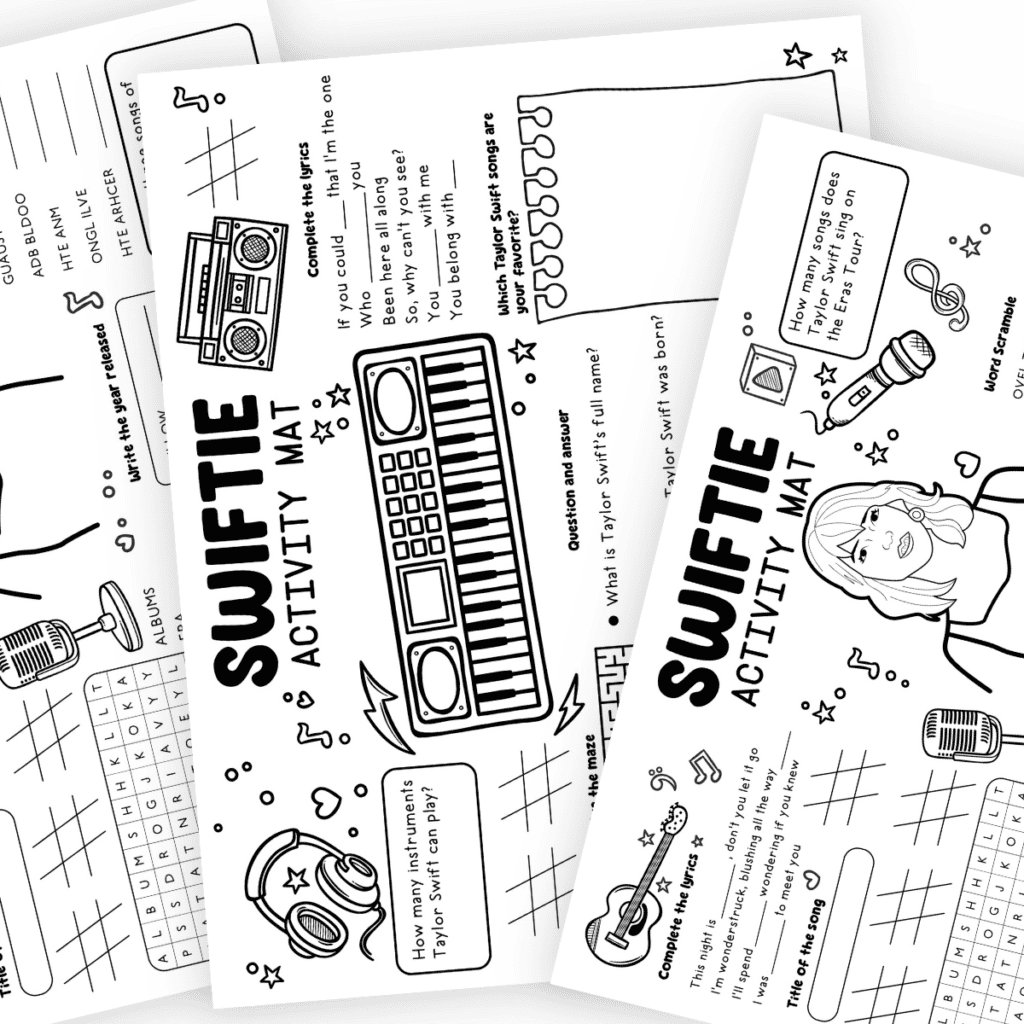 Printable Taylor Swift placemat with lyrics, fun facts, and trivia questions for fans.