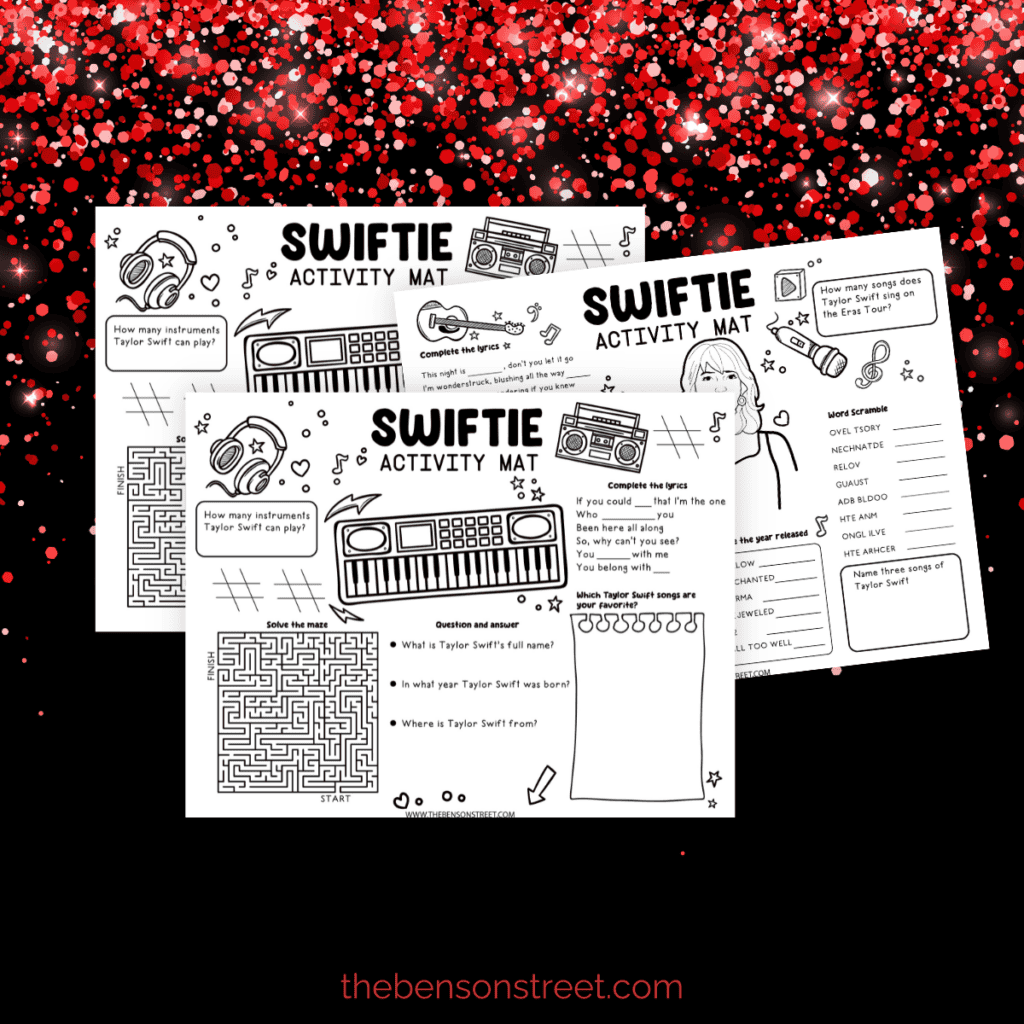 Taylor Swift activity mat with a maze, connect-the-dots, and drawing prompts in a vibrant design.