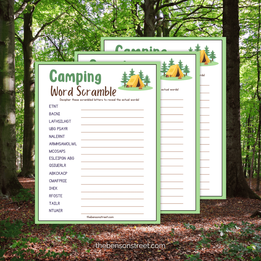 Three camping word scrambles laying on top of each other with a forest tree background.