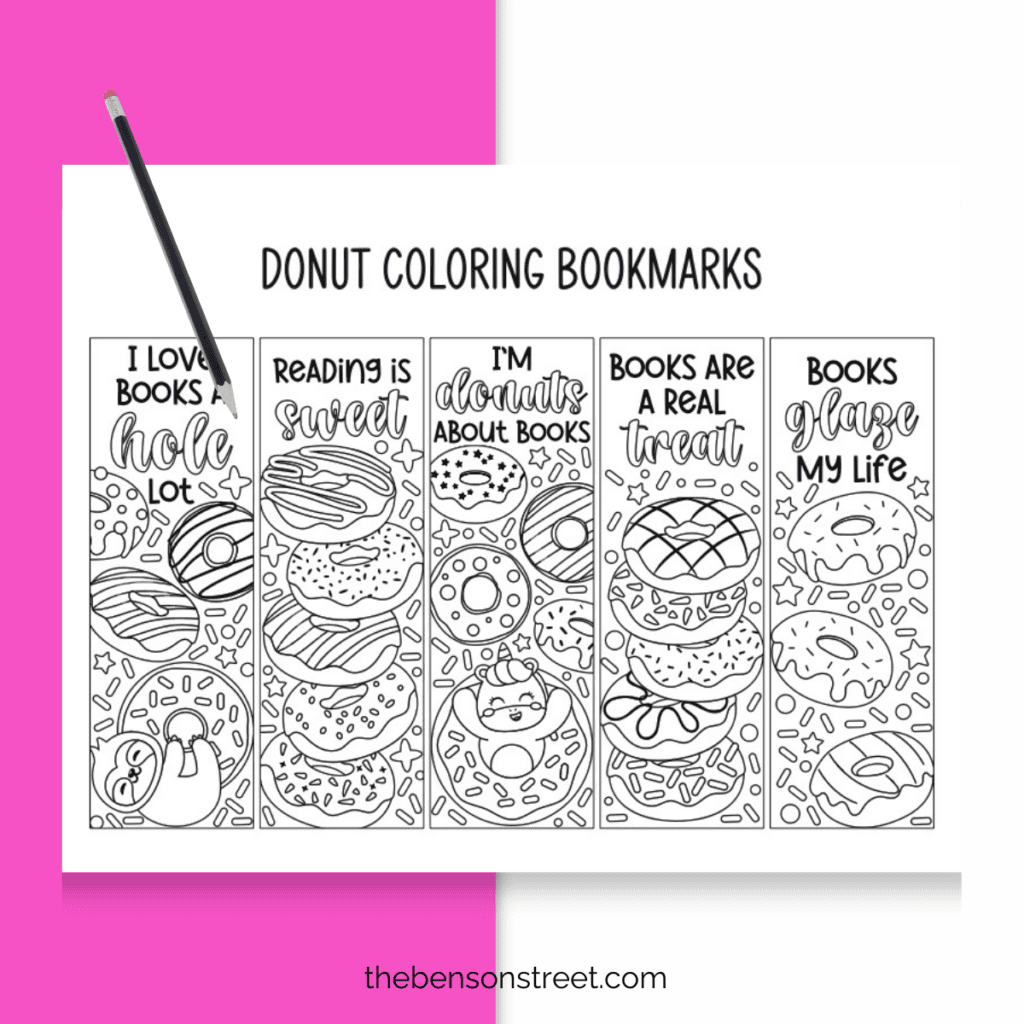 A close-up view of a printable donut bookmark template, showing intricate details such as frosting drips, sprinkles, and a glossy finish, perfect for coloring enthusiasts.