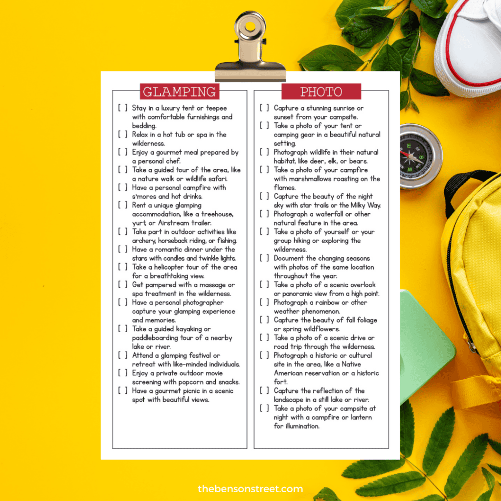 clipboard with glamping and photo bucket lists.