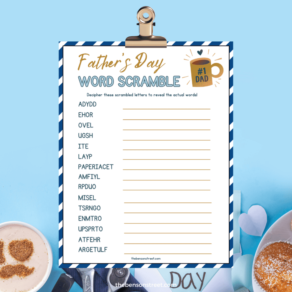 Clipboard flat lay of a Father's day word scramble