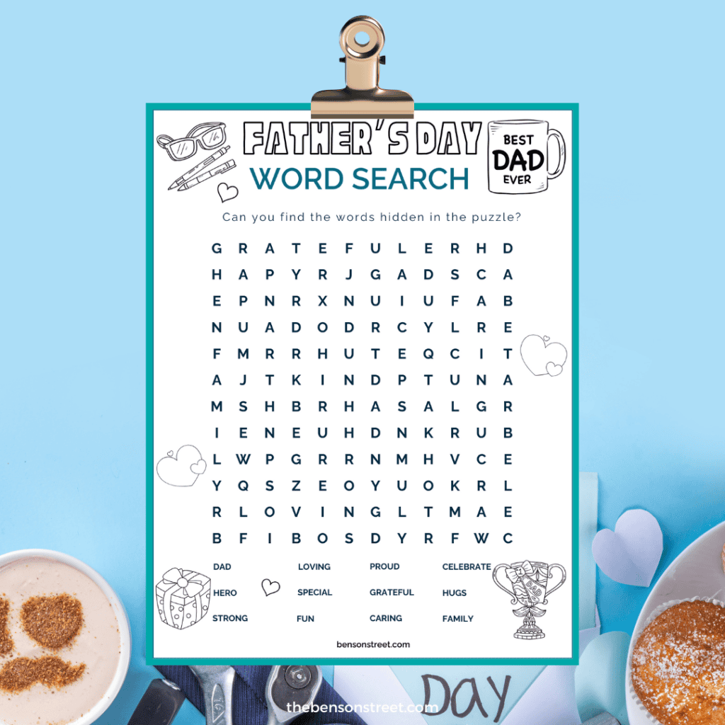 A Father's day word search free printable with coloring elements.