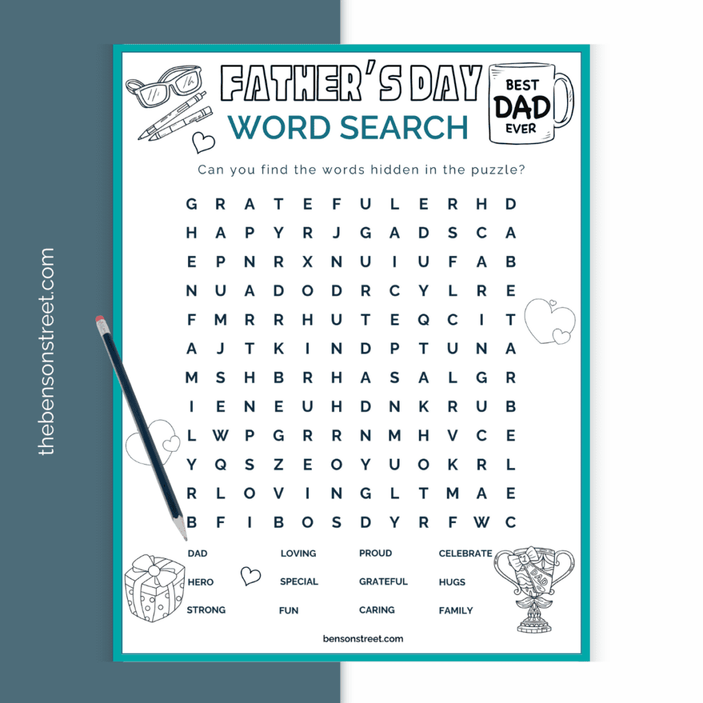Image of a Father's Day Word Search puzzle with words related to fatherhood and celebration.