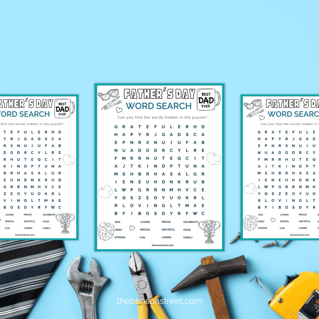 High angle shot of a Father's Day Word Search puzzle surrounded by Father's Day decorations.