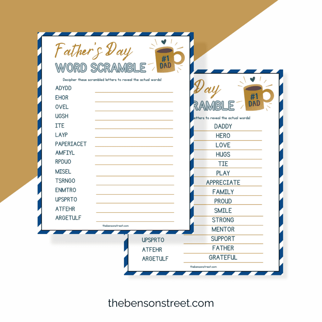 Flat lay photo of completed Father's Day Word Scramble puzzle with words unscrambled.