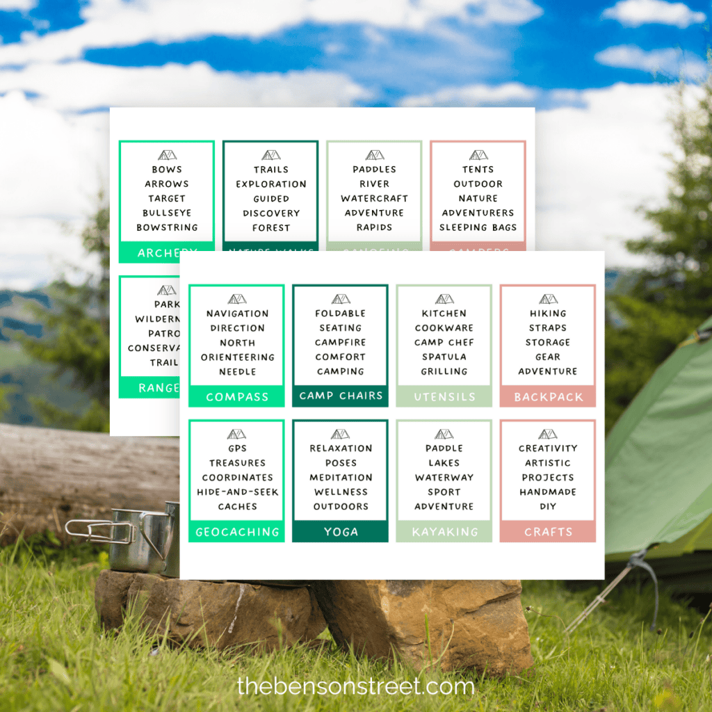 Picture of a Free Camping Taboo game card showing the word 'Hiking' and a list of restricted words including 'Trail,' 'Walk,' and 'Nature.'