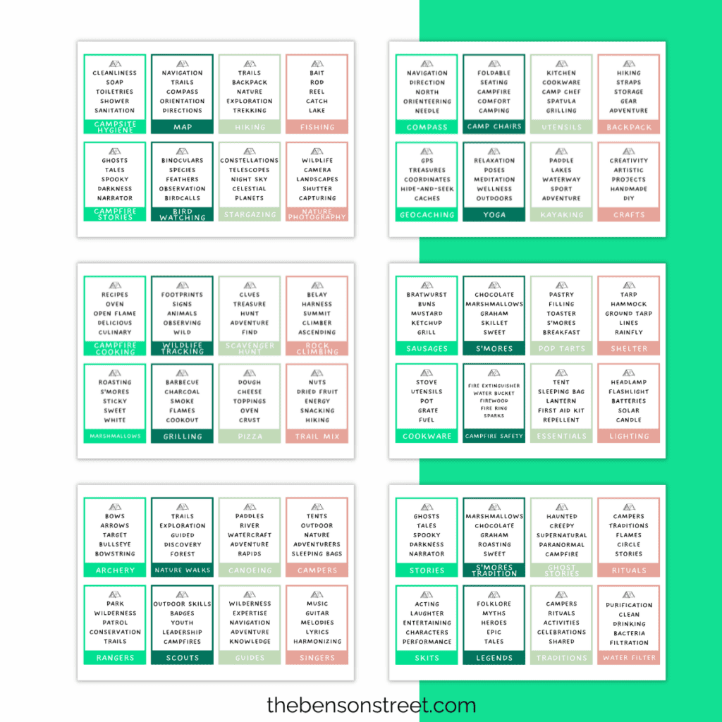 A whole bunch of free printable camping taboo game cards for a fun printable camping game.