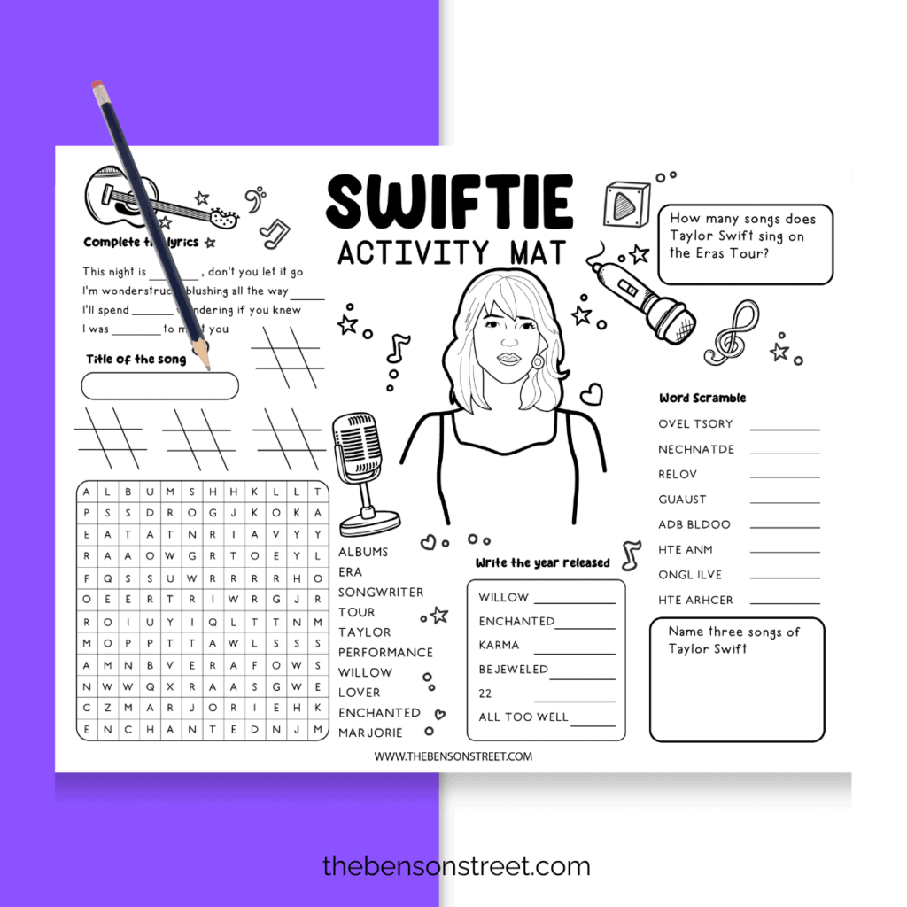 Printable Taylor Swift placemat with a timeline of her career and interactive games.