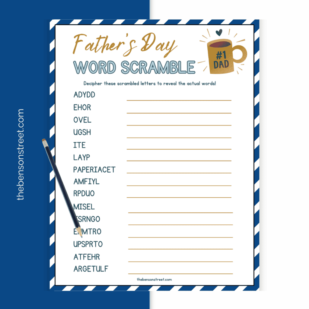 Father's Day word scramble ready to be solved with a pencil on top.