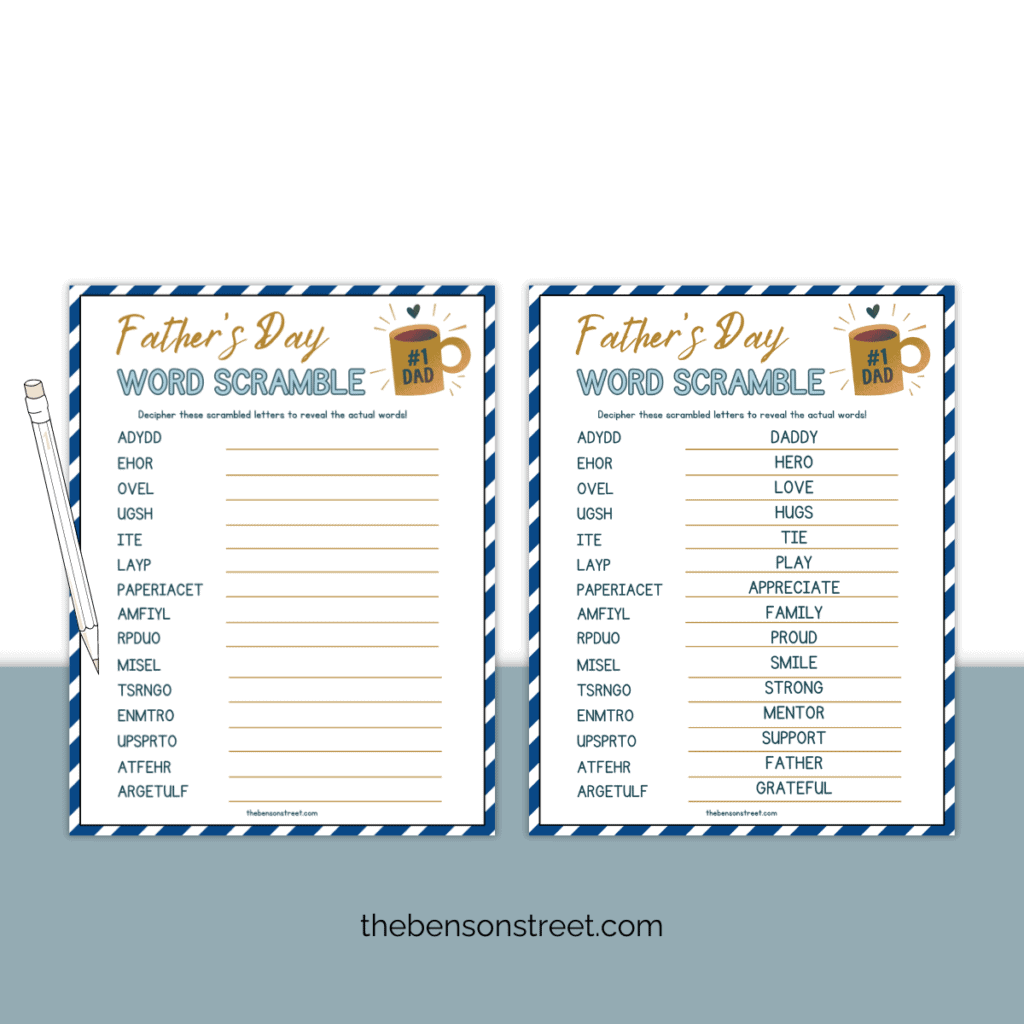A free printable father's day word scramble with words unsolved laying next to an answer key with solved word scramble.