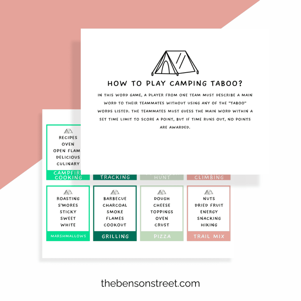 Free Camping Taboo game card featuring the word 'Fishing' with forbidden terms like 'Rod,' 'Lake,' and 'Catch.'