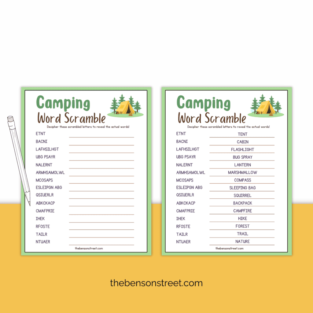 A free printable camping word scramble game with a sheet of answers next to it and a pencil on top.