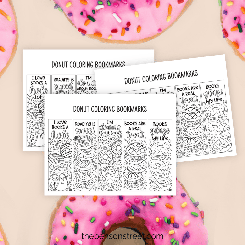 A whimsical line drawing of a donut with sprinkles, outlined in bold black lines, with space for coloring in various colors.