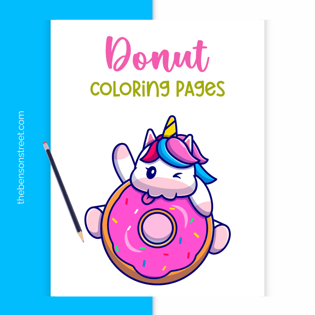 Donut coloring pages cover page with a unicorn and a donut on the front