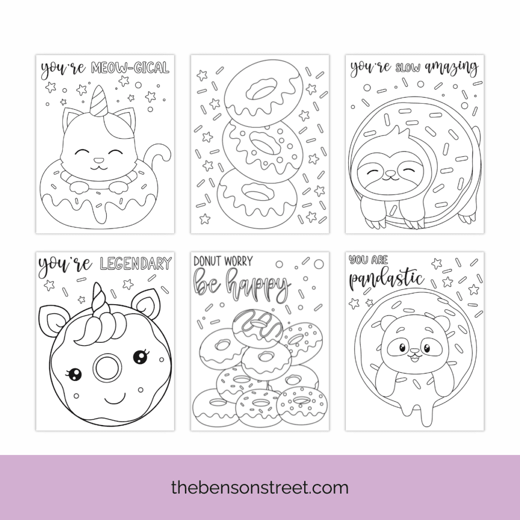 Six different black and white coloring page designs with donuts and cute animals