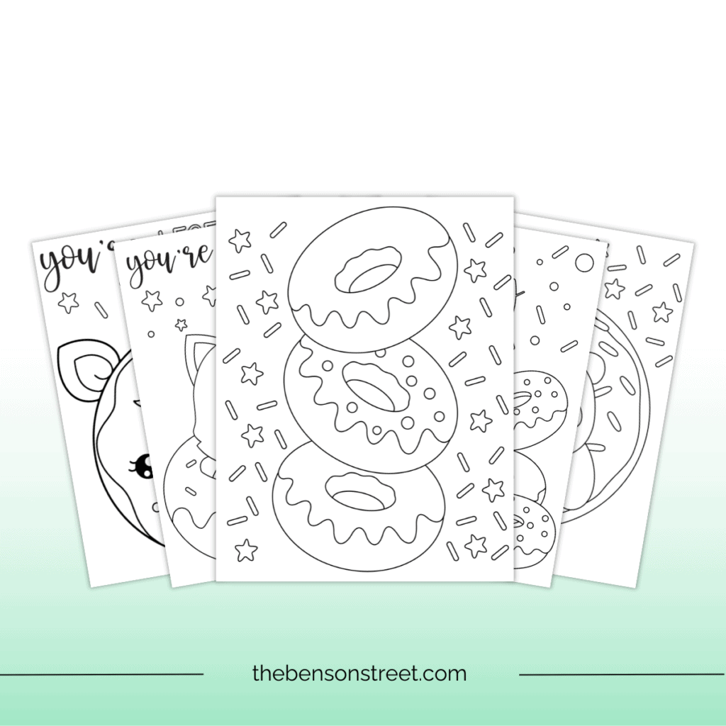 A stack of donut themed coloring pages on a green background