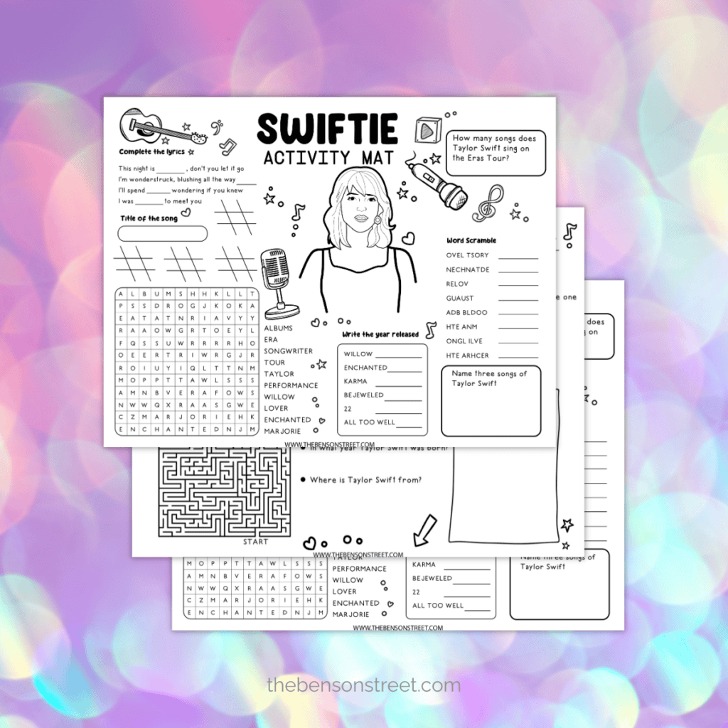 Colorful Taylor Swift-themed activity mat featuring puzzles, word searches, and coloring sections.