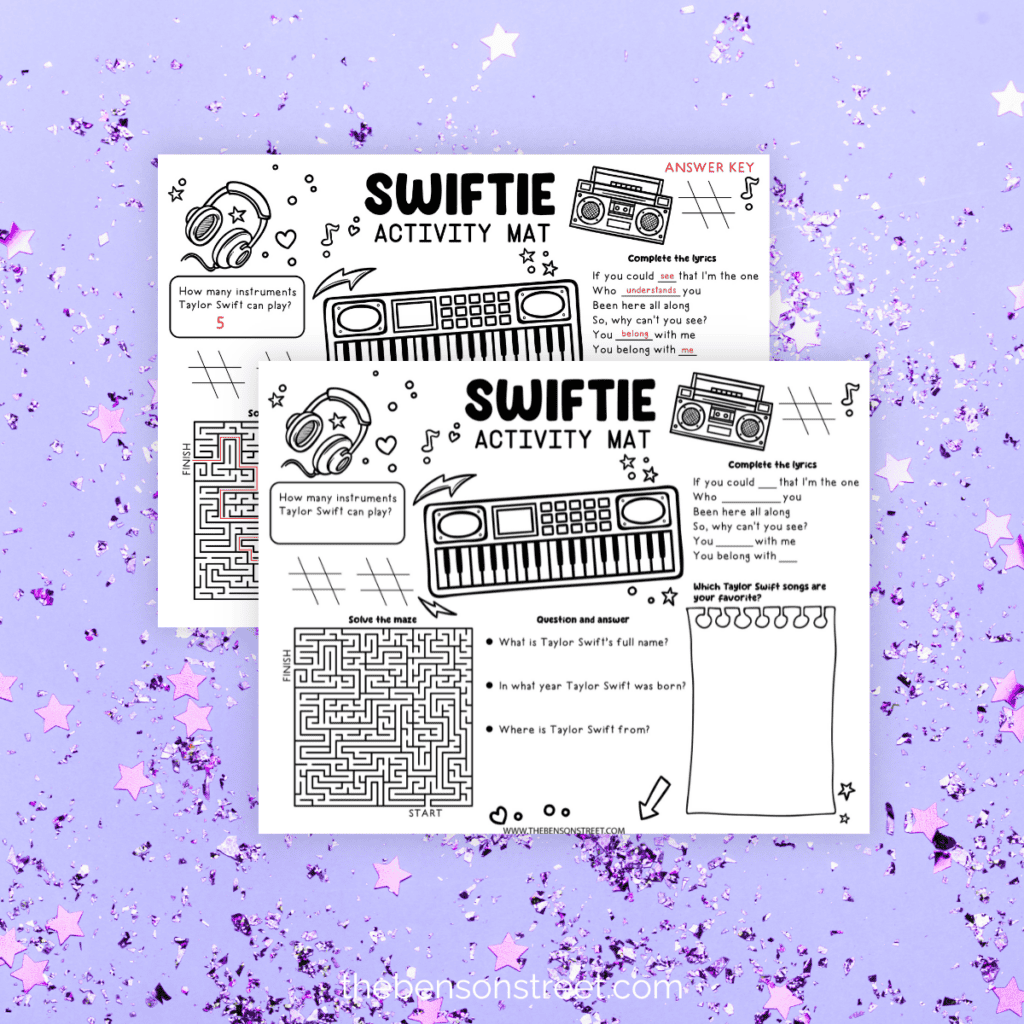 Downloadable Taylor Swift activity mat with a scavenger hunt, trivia quiz, and doodling space.