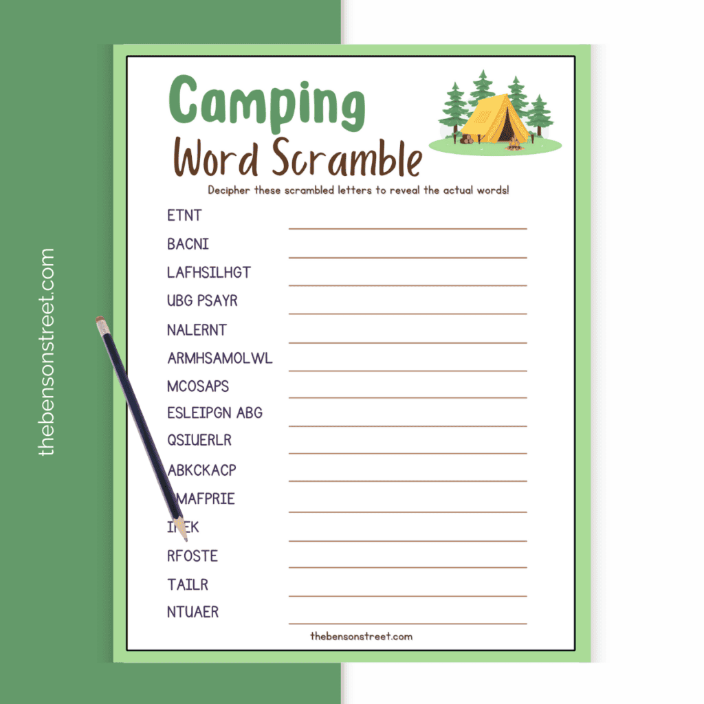 A camping word scramble with a pencil lying on top to un scramble the words.